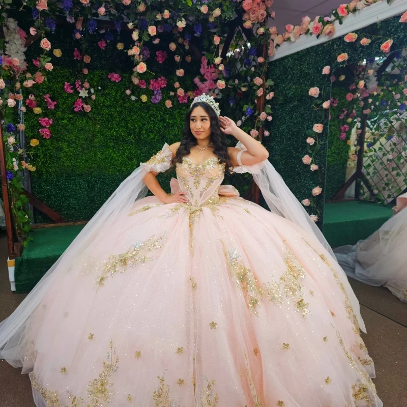 

Shiny pink Quinceanera Dress off-shoulder golden glitter crystal Decal Long tail Bow Vestidos De 15 Quinceanera ﻿Customize
