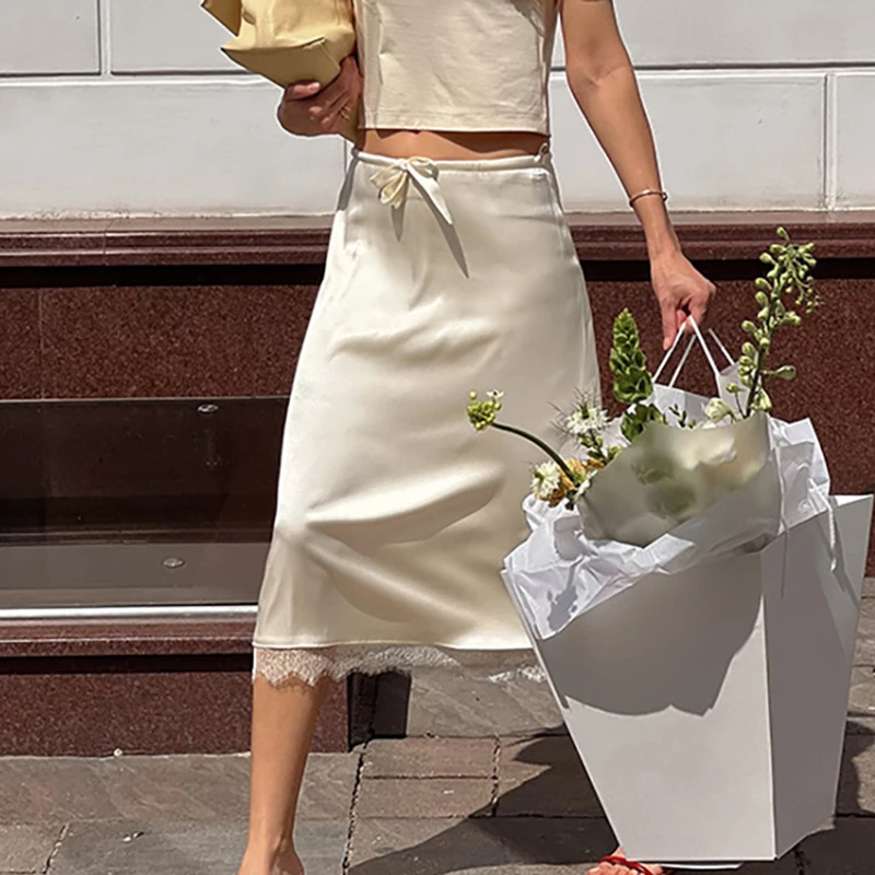 Talenza Lace Border Skirt Women's Fashion Lace Up High Waist Solid Patchwork Skirt Summer Female Office Lady Elegant Chic Skirts