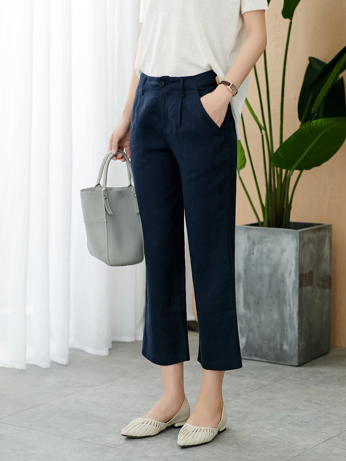 

Женские тонкие прямые льняные брюки для похудения, весна-осень, новинка, корейский стиль, с завышенной талией, для повседневной носки