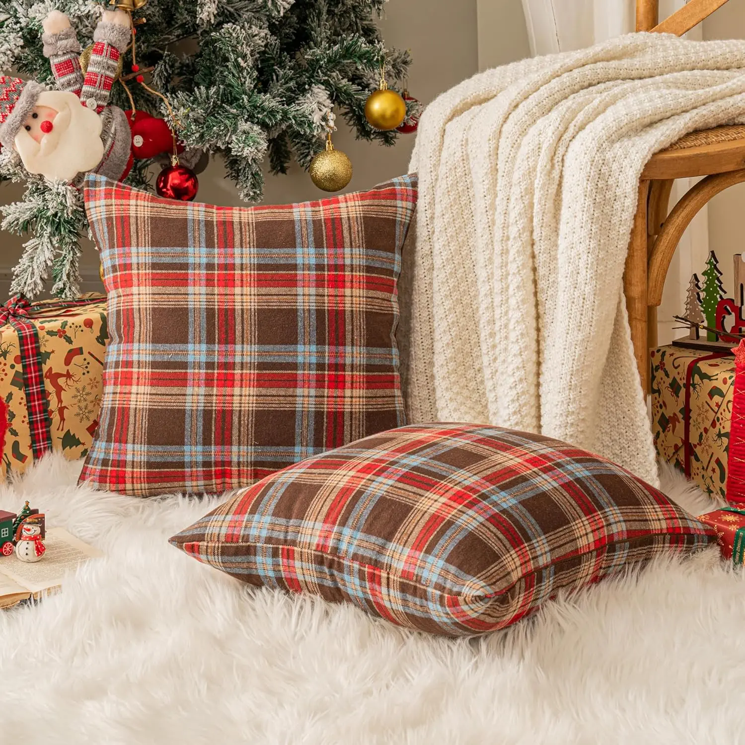 Pack of 2 Christmas Plaid Decorative Throw Pillow Covers Scottish Tartan Cushion Case for Farmhouse Home Holiday Decoration