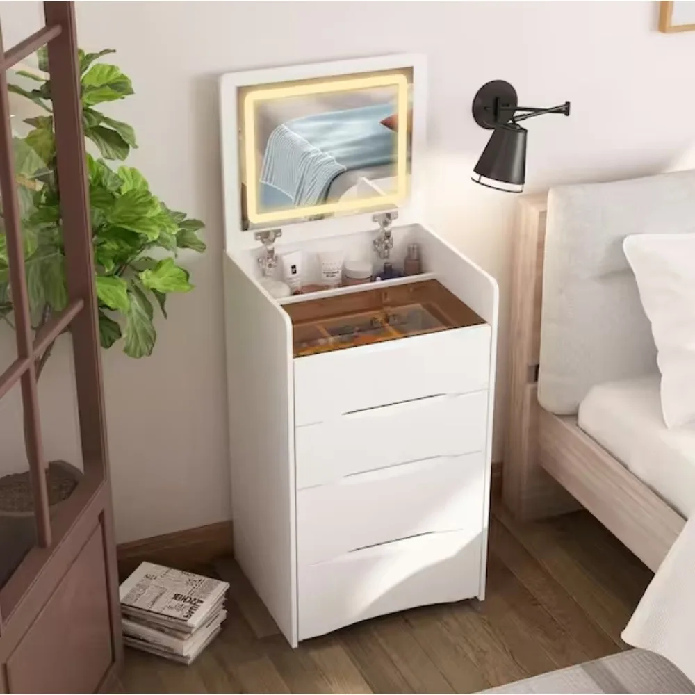 White Makeup Vanity Sets Dressing Chest with Flip-top Mirror, 3-Drawers, See-Through Glass Top, LED Lights and Stool