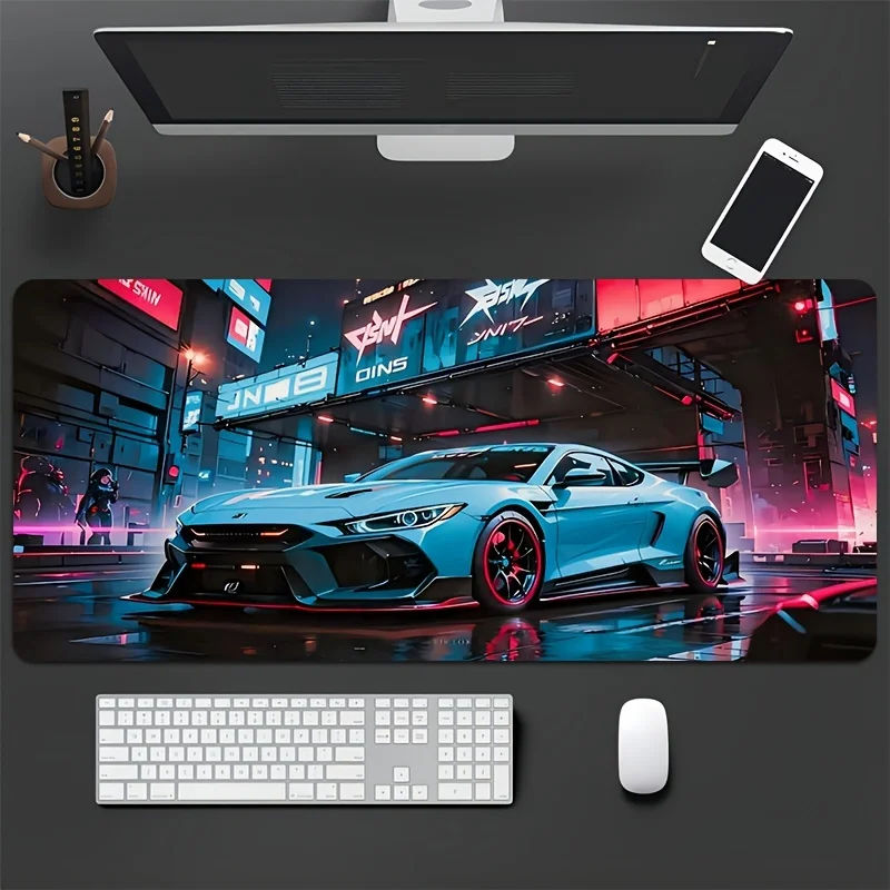 Tapis de souris de jeu extra large avec design de voiture de sport bleu de style de rue, tapis de bureau rectangulaire à base en caoutchouc, bord de précision, lavable