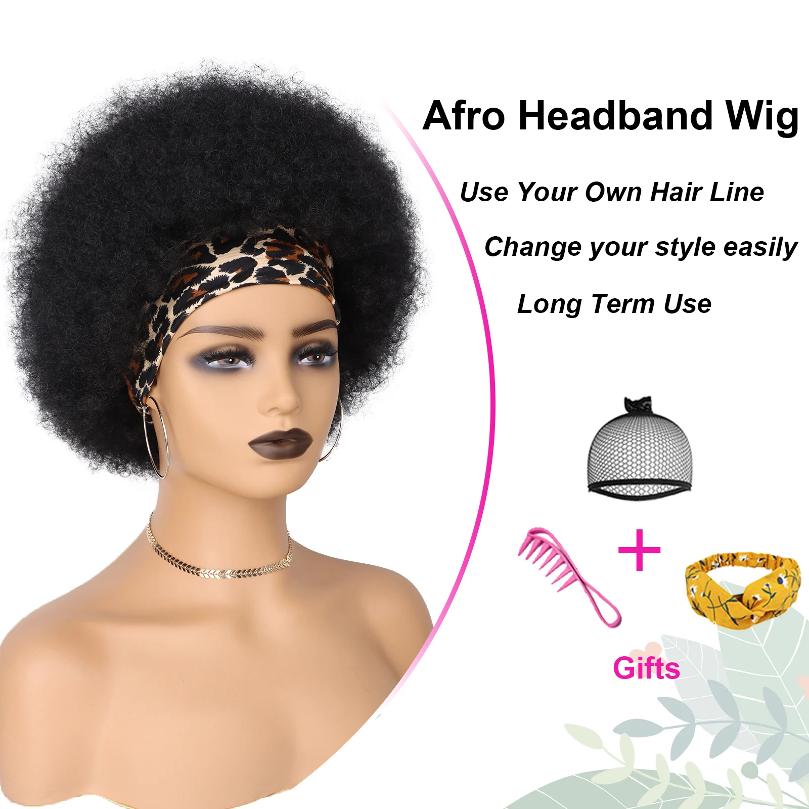 8（inch） Large Puff Synthetic Wig Afro Headband Hair Machine Made for Black Women Lady Girl Daily Party Dating Use (1B)