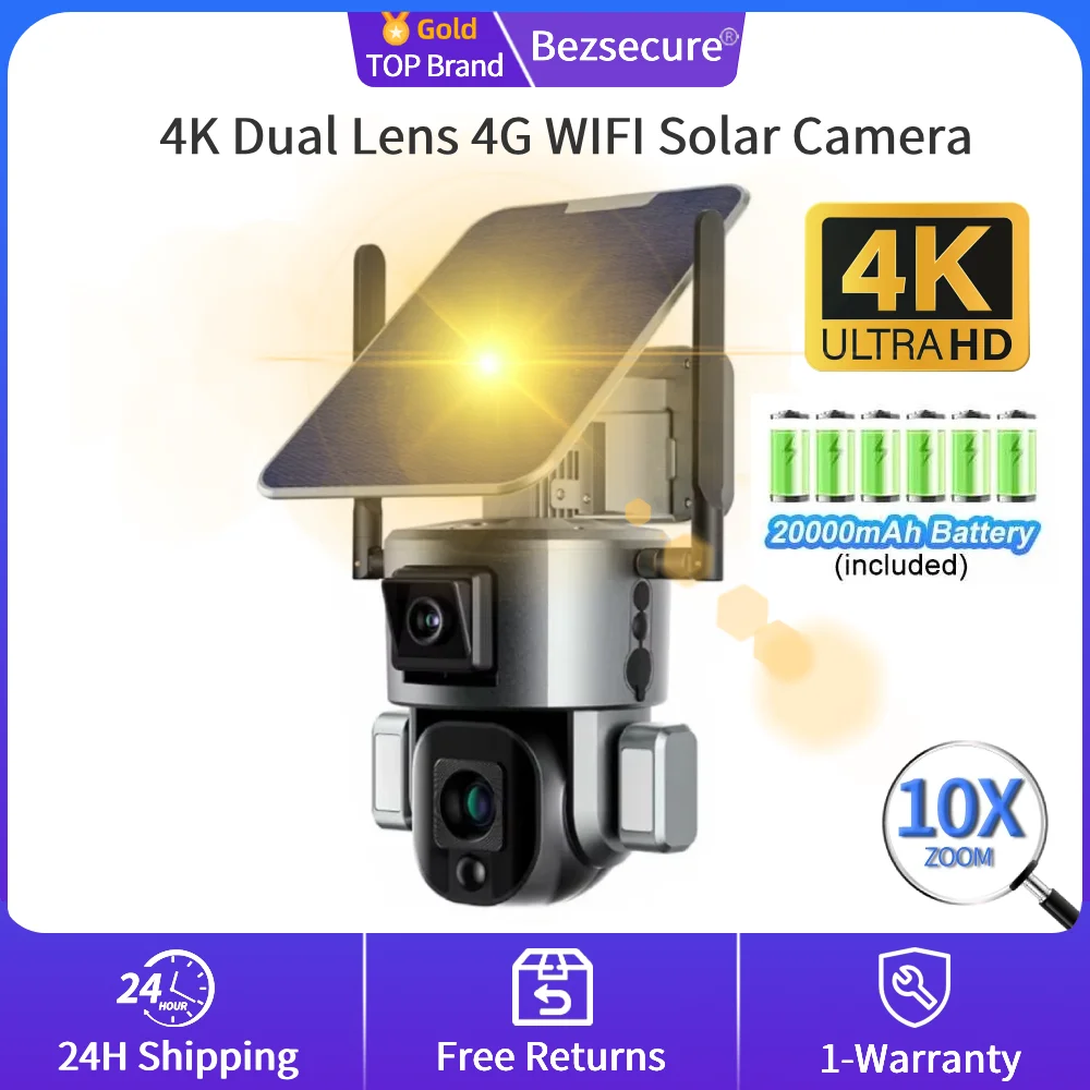 

4K UHD с двумя объективами, 4G, солнечная камера безопасности, уличная камера с 10-кратным оптическим зумом, Wi-Fi камера с автоматическим отслеживанием, двусторонняя аудиокамера видеонаблюдения