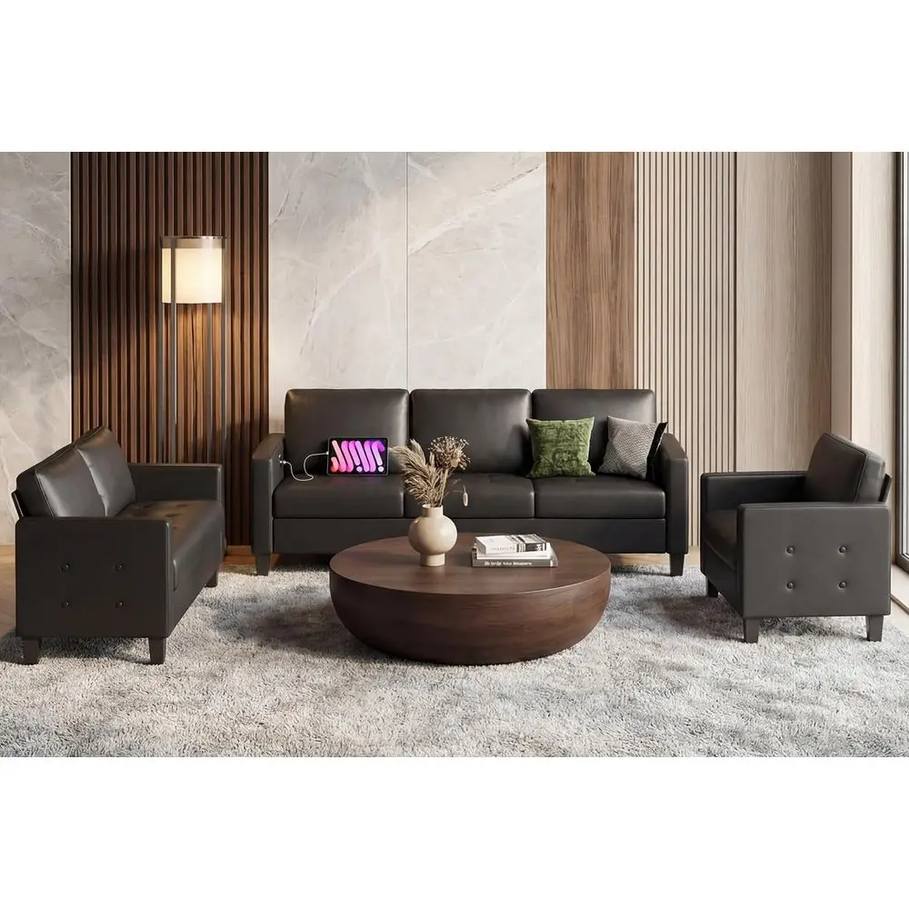 

Leather 3-Seat Sofa, Loveseat, and Accent Chair Set with Tufting and USB Port, Compact Living Room Furniture (3+2+1)