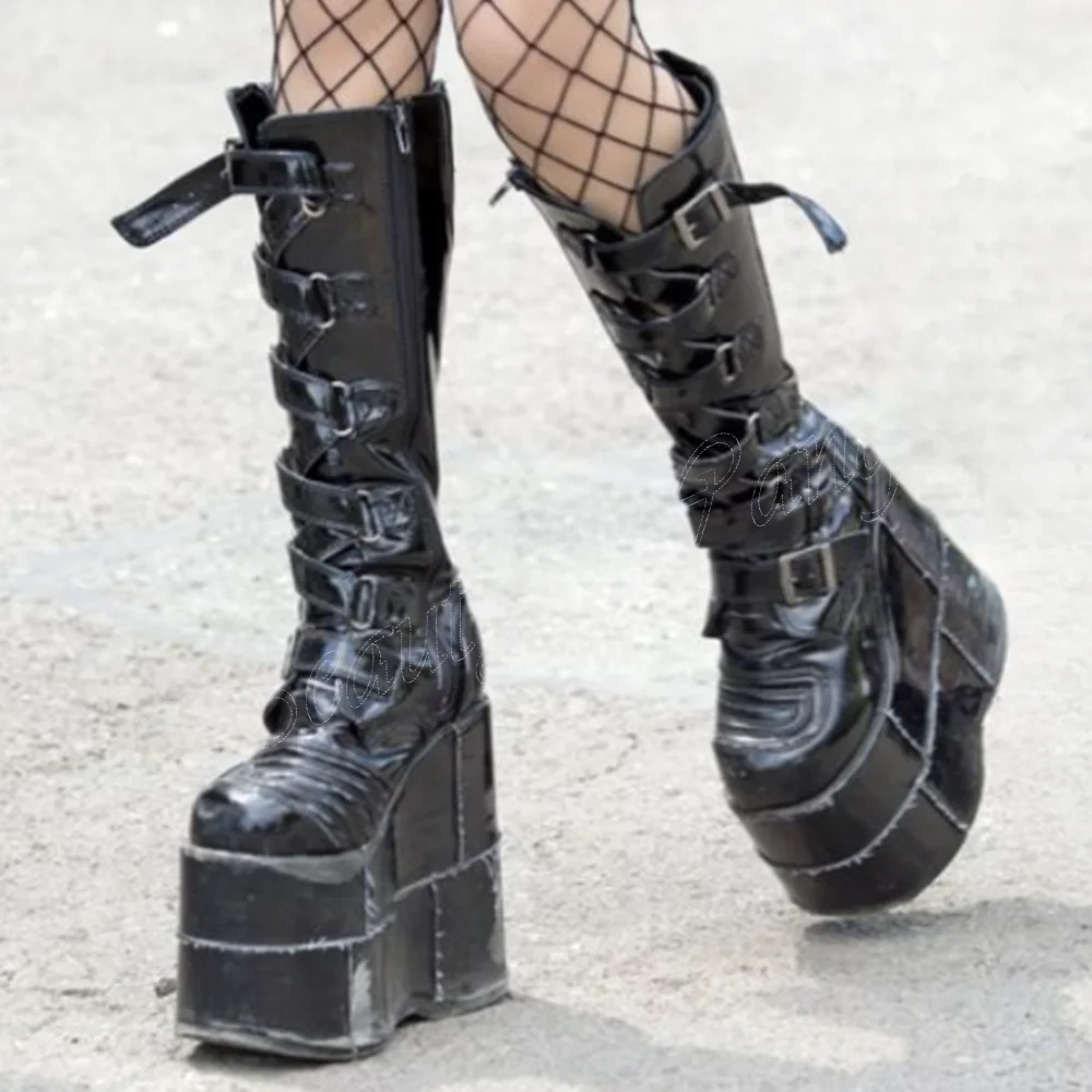 

Black Wedges Heel Punk Boots Buckle Decor High Heels Platform Round Toe Spike High Heel Shoes for Women 2024 Zapatillas Mujer