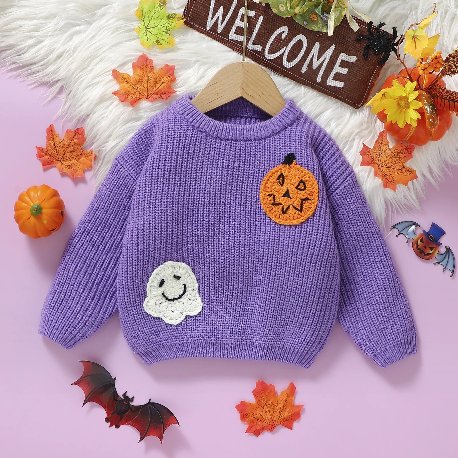 Baby Halloween Sweater, Long Sleeve Crew Neck Ghost Pumpkin Winter Warm Knit Pullover Sweater Infant Clothes for Girls Boys