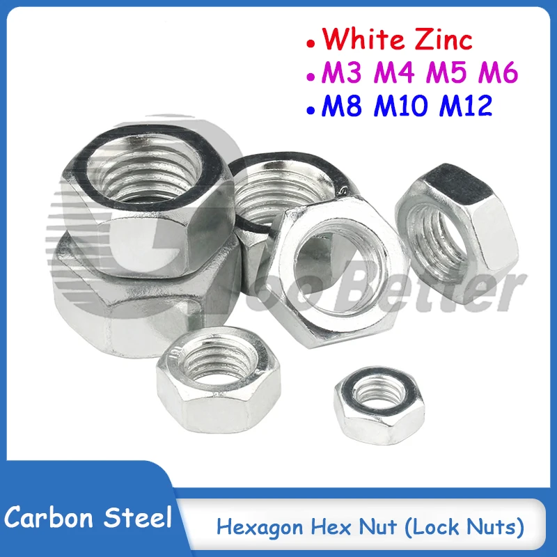 White Zinc Hexagon Hex Nut Carbon Steel Lock Nuts M3(3mm) M4(4mm) M5(5mm) M6(6mm) M8(8mm) M10(10mm) M12(12mm)