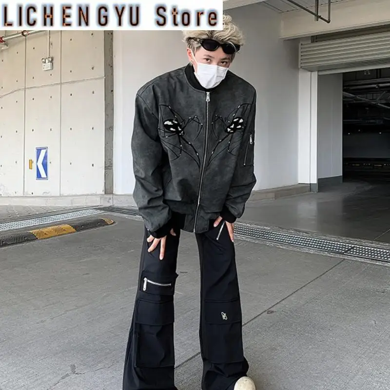 New Autumn Spider Embroidery Bomber Jacket Men PU Leather Coat Fashion Korean Streetwear Zip Up Baseball Outerwear Clothing Male