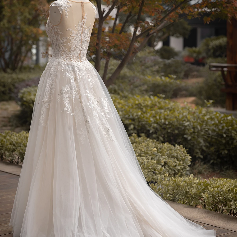 Lace O-neck Wedding Dress A-line Vestidos De Novia Sleeveless Bridal Gown Customized Buttons Back Wedding Gowns Vestidos Cortos