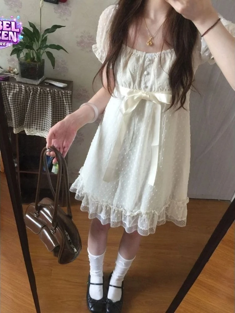 Korean Fashion Dress Women Loose Puff Sleeve Lace Bow Polka Dot Mini Ruffle Hem Dress 2026 Summer Vintage Casual Chic Outfit