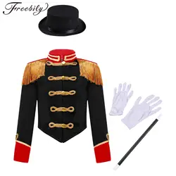 Kids Girls Circus Ringmaster Costume Set Magician Long Sleeve Tassel Jacket Coat with Hat Magic Wand Halloween Cosplay Dress Up