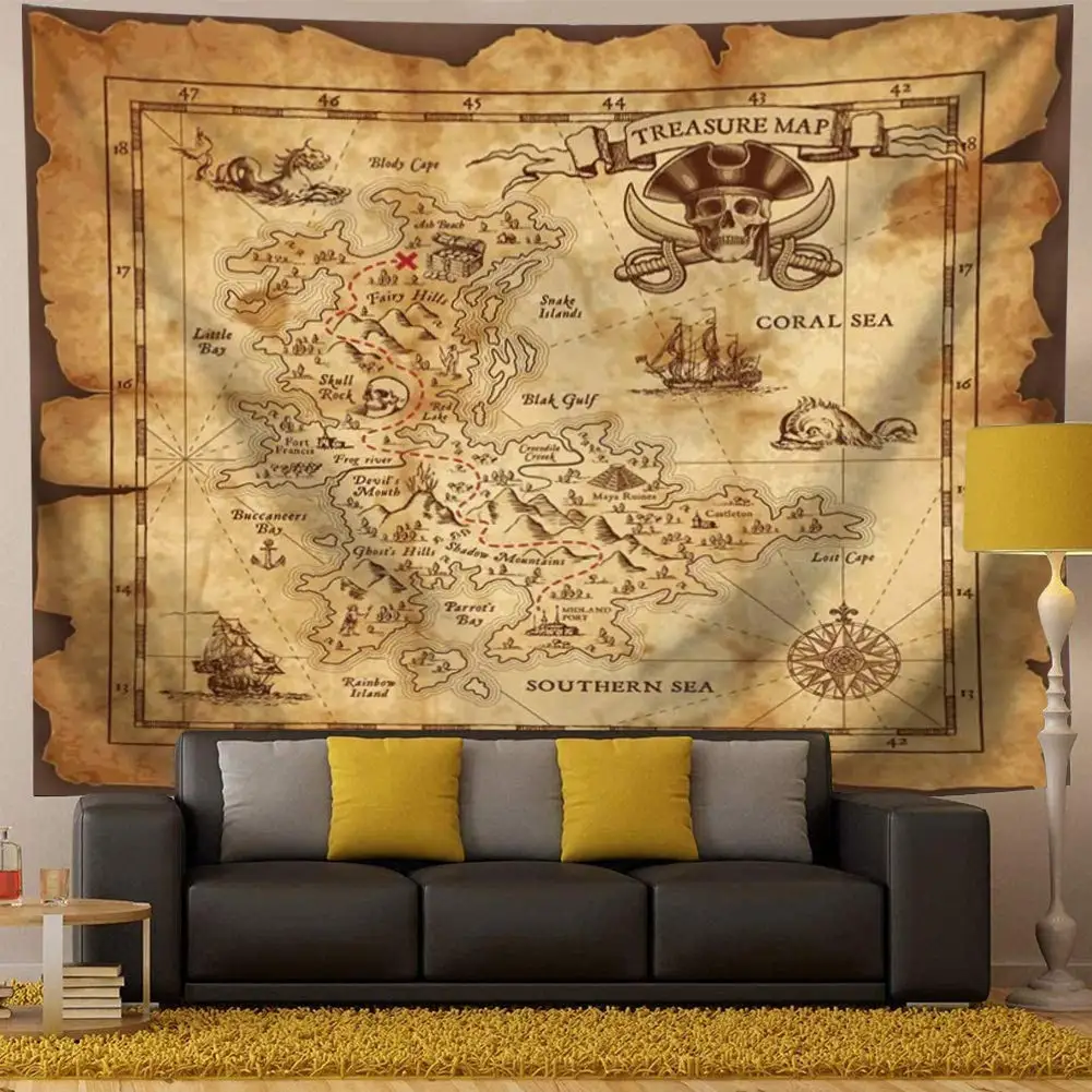 Pirate Map Tapestry,Treasure Map Tapestry,Island Treasure Map Nautical Wall Tapestry,Halloween Map Tapestry Pirate Room Decor