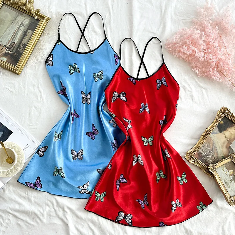 

Sexy and Sexy Ice Silk Suspender Nightgown, Fashionable Backless Sleepwear, Women's Breathable Butterfly Suspender Dress
