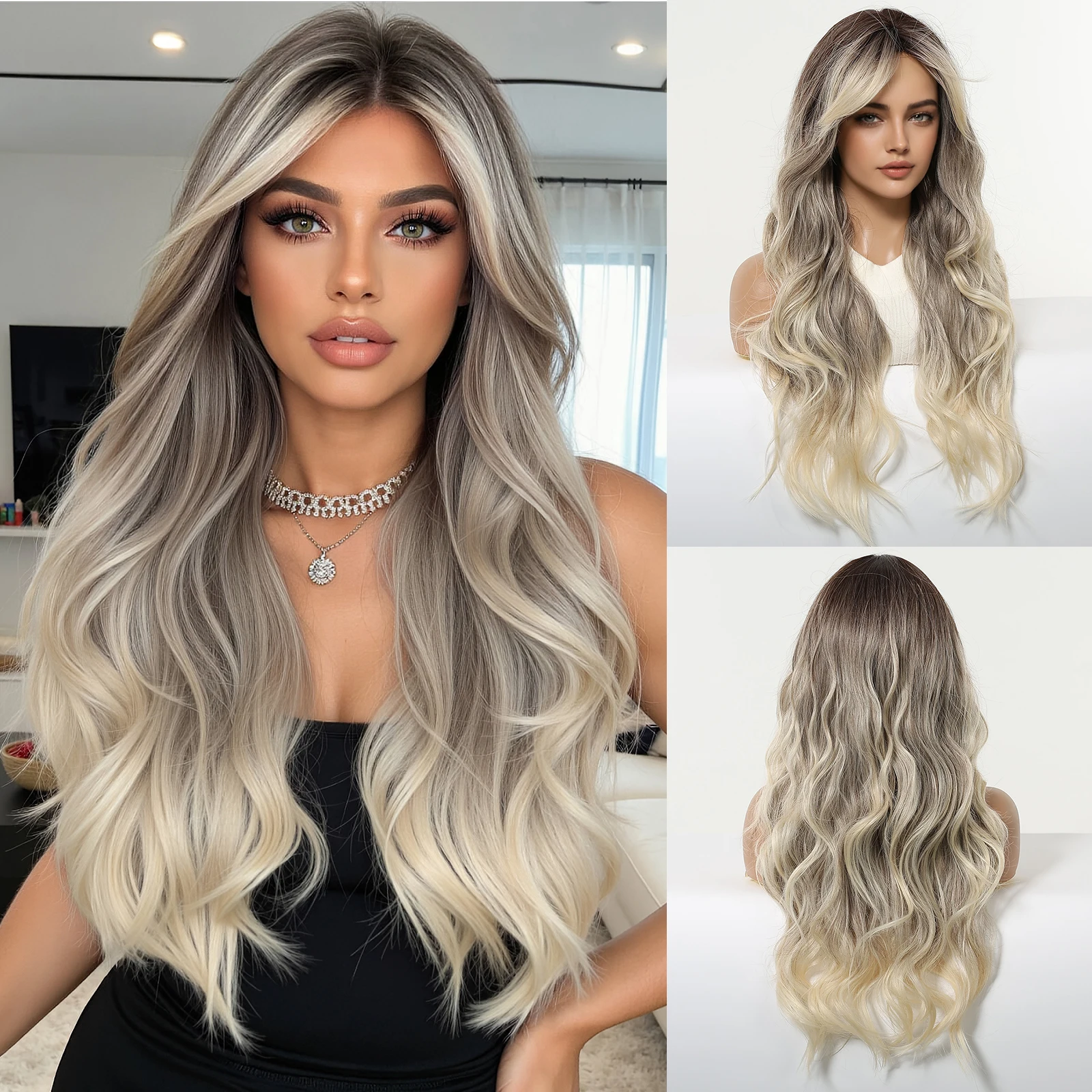 HENRY MARGSU Ladies Fashion Gray To Blonde Gradient Wavy Synthetic Wigs Long Natural Role-Playing Lolita Heat-Resistant Wig