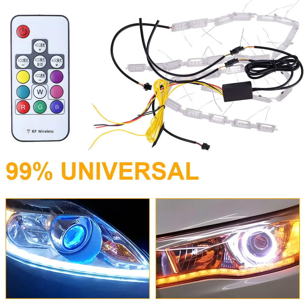 2pcs Flexible LED Strip DRL Daytime Running Light Waterproof Sequential Flow Headlight Switchback Runners Corner Turn Signal