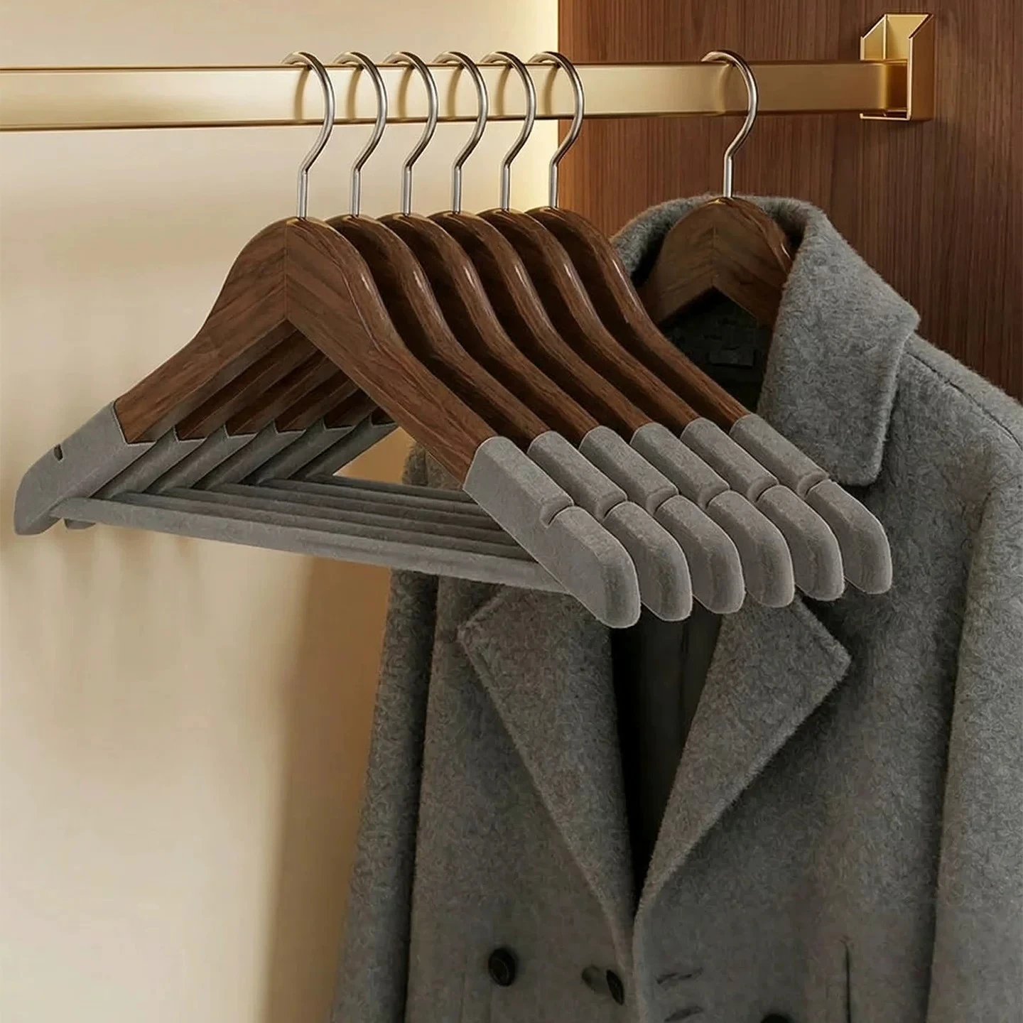 2026 New Solid Wood Flocked Coat Hangers, Seamless Anti-shoulder Bump Non-slip Premium Household Clothes Storage Garment Holders