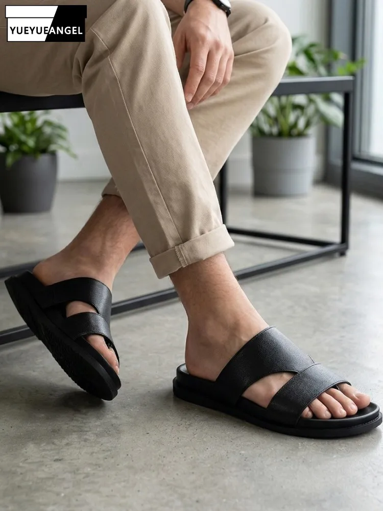 Leisure Cowhide Breathable Solid Color Men Slippers Handmade Genuine Leather Comfortable Slip On Clip Toe Beach Footwear