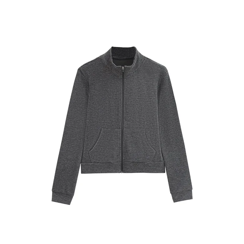 2026 Vintage Striped Stand Up Collar Zipper Jacket for Women's Autumn and Winter Slim Fit Long Sleeved Top