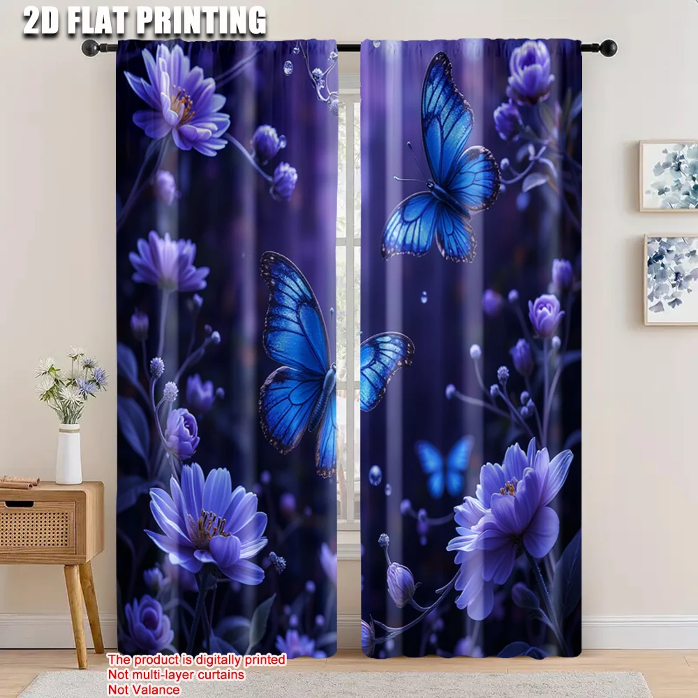 

2pcs, 2D flat printing Window Curtains many flowers and two butterflies Blackout Polyester Holiday Decorations Applies to