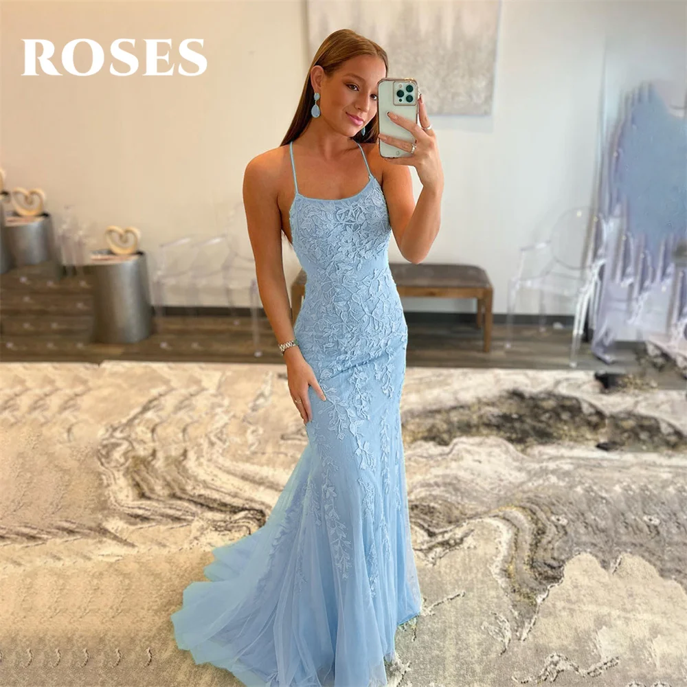 

ROSES Appliques Mermaid Wedding Party Dress Lace Sky Blue Celebrity Dress Spaghetti Strap Special Occasion Dress robe du soir