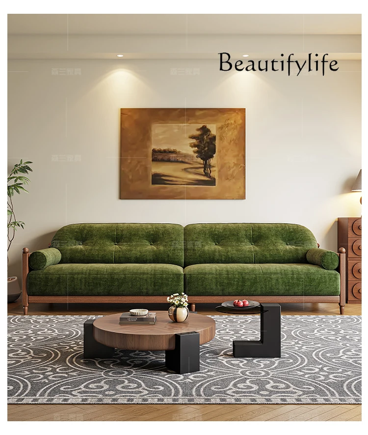 

Диван в средневековом стиле для гостиной, трехместный прямой ряд, комбинированный кремовый стиль, зеленый фланелевый диван из синели