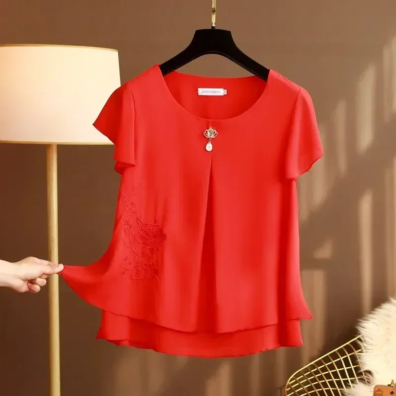 Short-sleeved Round Neck Chiffon Embroidered Small Summer Middle-aged and Elderly Women\'s Broad Too Loose Cover Belly Blouse