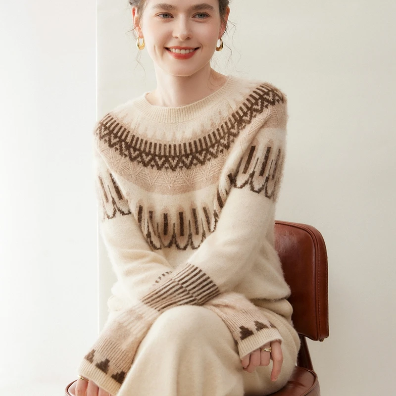 Women's Fair Isle~Luxury Cashmere Sweater O-Neck Color Blocking Knitwear Thickened Loose Long Sleeve 100% Cashmere Pullover Top