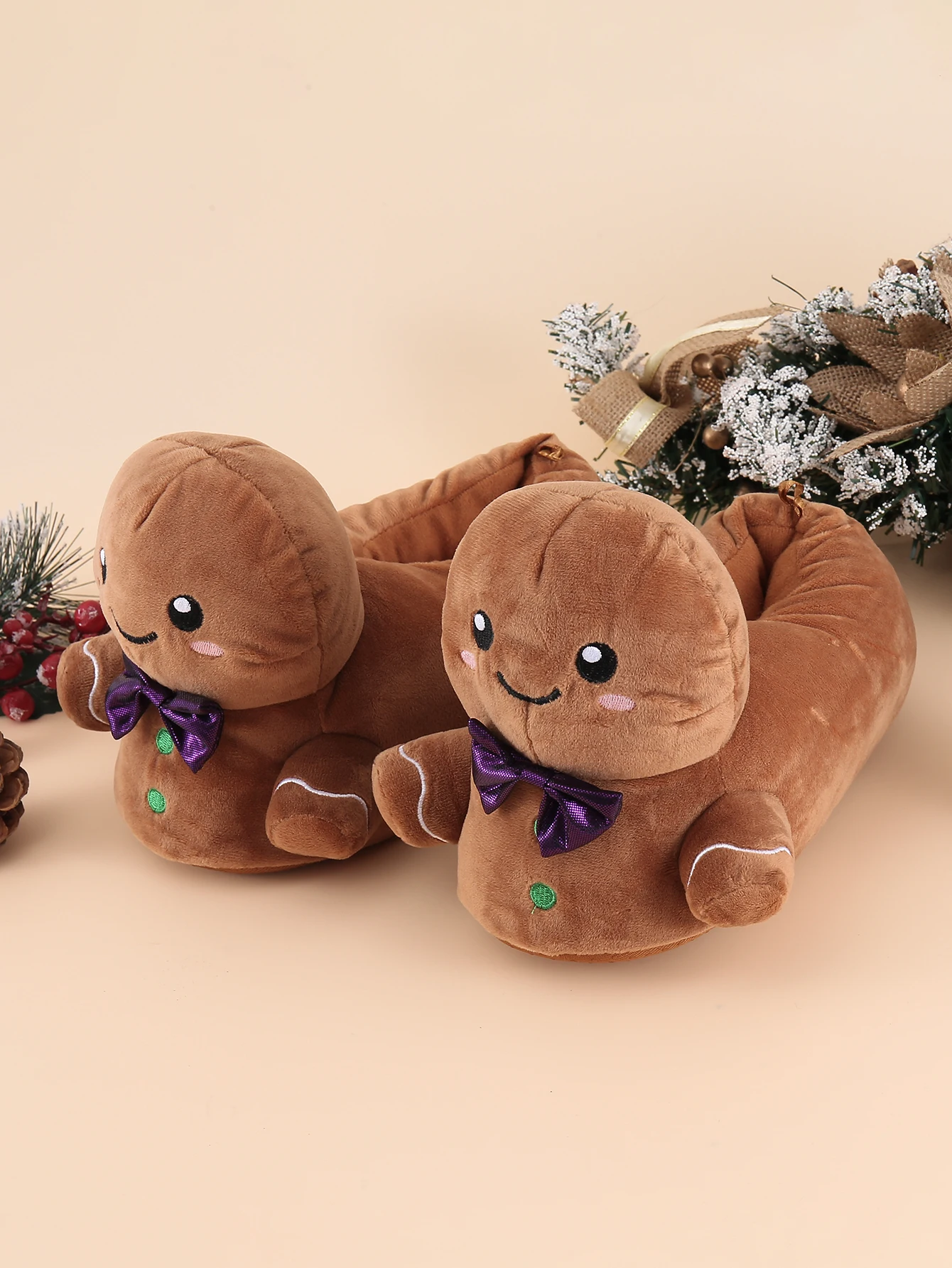 MEN'S AND Women's Cute Gingerbread man bowtie House Slippers Stuffed Animal Bedroom Slippers Cozy Christmas Indoor Shoes