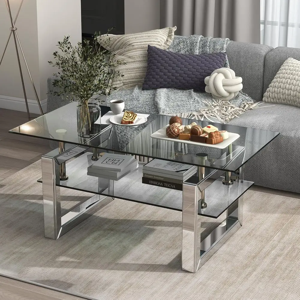 

Luxurious Silver Mirrored 2-Tier Tempered Glass Coffee Table for Living Room and Office