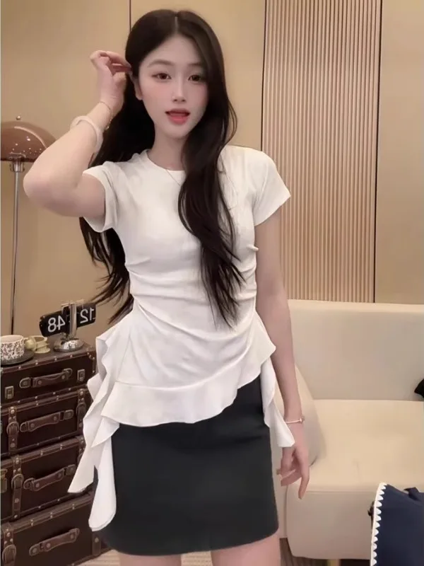 สลิมมิ่ง ort Sve เสื้อยืดสําหรับผู้หญิงขนาดบวก Ele Ruffle Hem เข็มขัดที่ไม่ซ้ํากันฤดูร้อนเกาหลี Sle เดินทาง Faion