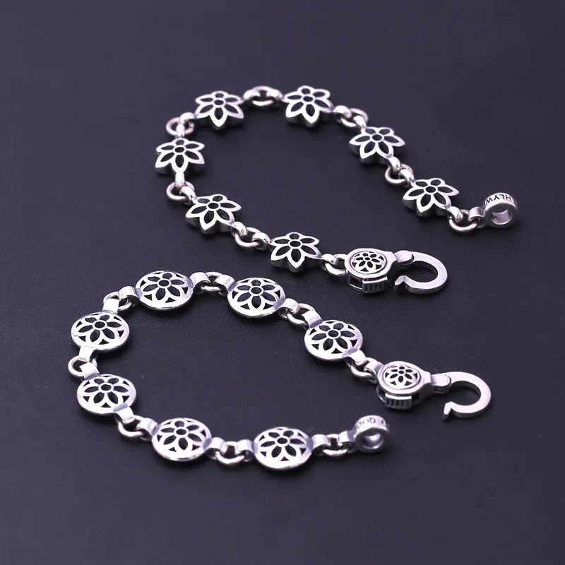 Punk style high-end S925 pure silver fashion accessory, retro Thai silver cherry blossom bracelet, personalized and trendy unise