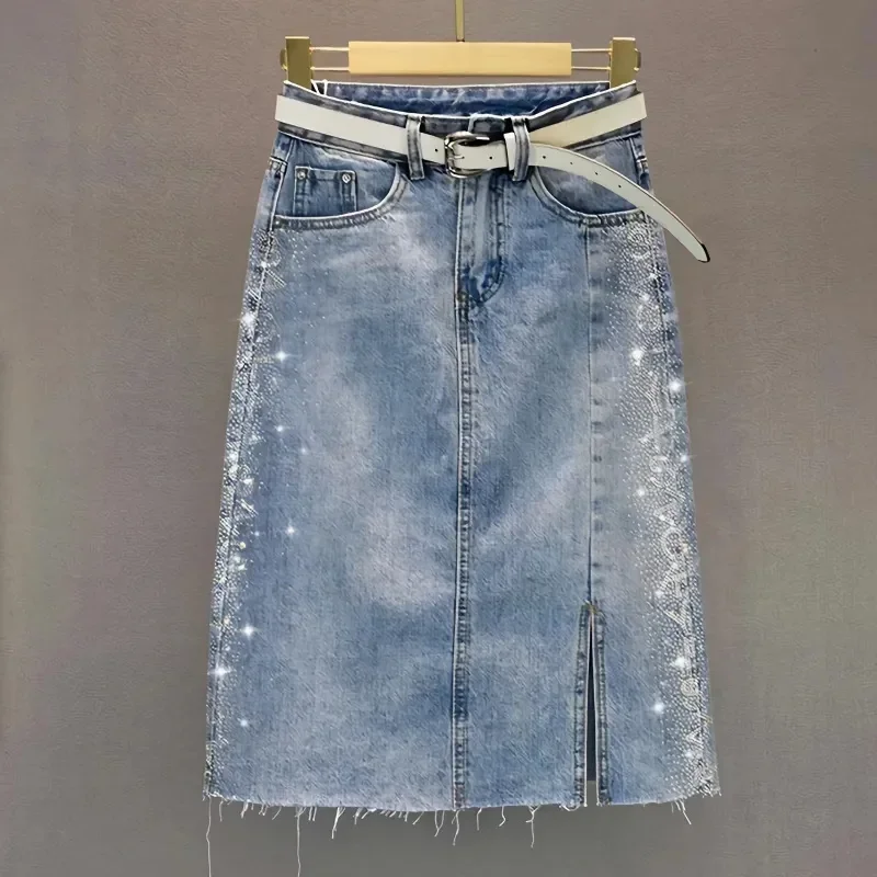 Pop Pop Lady New Hot Stamping Fork Jeans Long Skirts Summer Female Fashion Cowboy Maxi Skirt European Women Large Size 4XL Denim