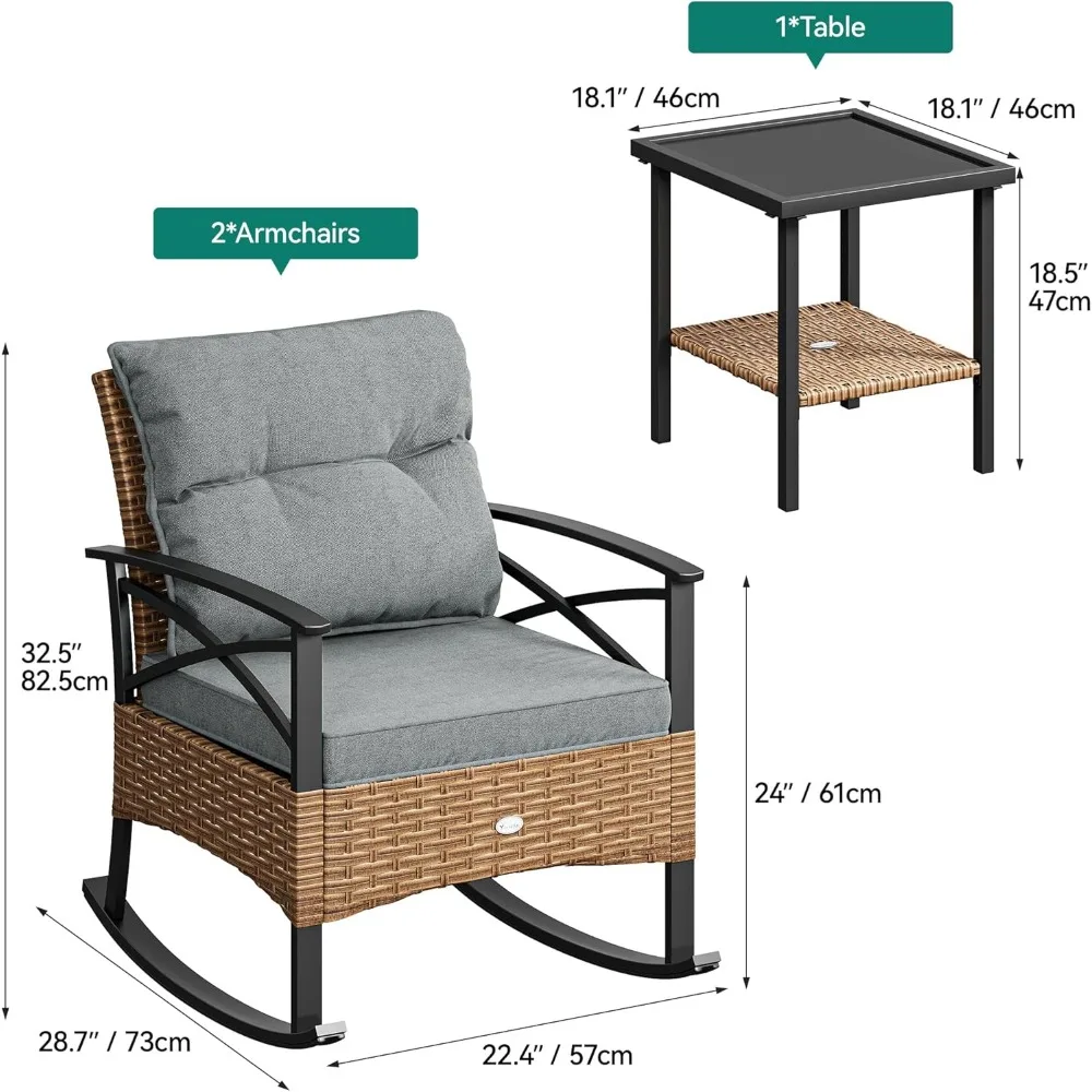 طقم بيسترو كرسي هزاز خارجي مكون من 3 قطع من YITAHOME، طقم كرسي هزاز للفناء مع طاولة قهوة زجاجية ونحيفة #5