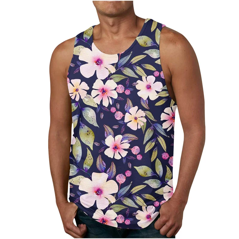 

3D Print Hawaiian Flower Tank Top For Men Summer Harajuku Beach Street Vest Hot Sale Sleeveless Tee Shirt Gym Workout Tanks