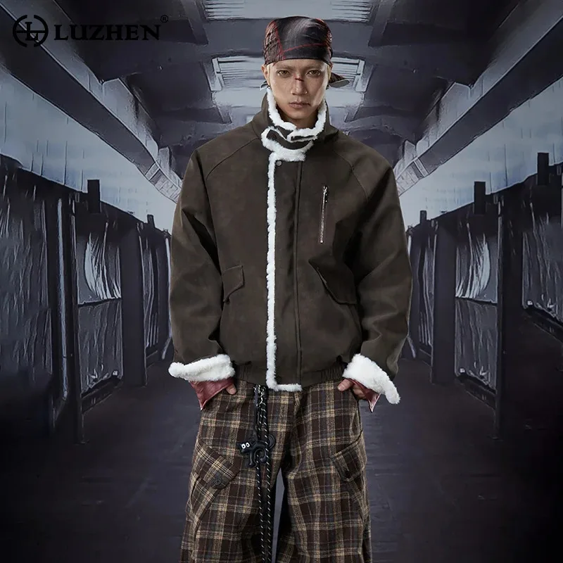 LUZHEN Brushed High Quality Lamb Wool 2026 Patchwork Winter Liner Warm Stand Neck Parka Coat Men's Fashion Casual Clothes JY8629