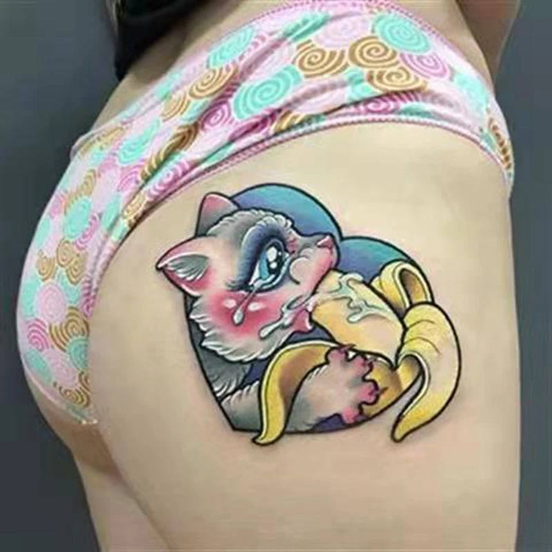 Sexy Cartoon Cat Eating Banana Temporary Tattoo Stickers Bdsm Tattoo Faux Tatouage Pour Femme Tatuaze Wodoodporne Fake Tattoos