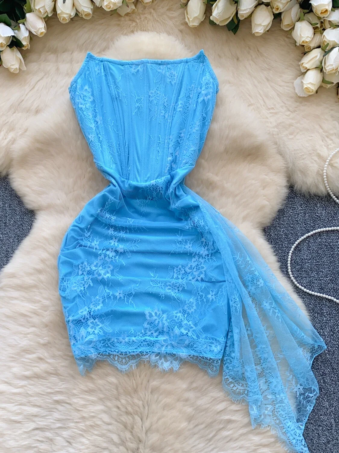 Foamlina Pure Desire Sexy Sleeveless Tube Top Dress Female Holiday Design Slim Fishbone Lace Streamer Hip Wrap Short Dress