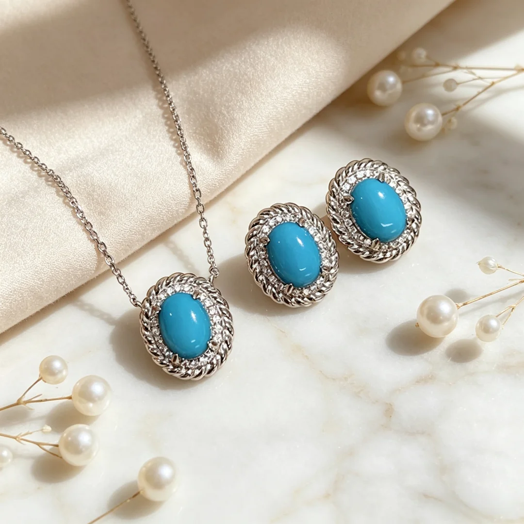 925 Sterling Silver Fashion Versatile Oval Diamond-Embedded Turquoise Classical European and American Style Elegant Necklace