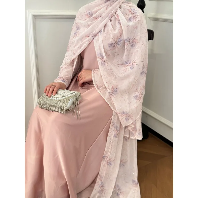 Party Dresses 3 Piece Set for Women Muslim Abaya with Scarf Long Cardigan Robe Vestidos Sashes Dubai Abayas Eid Ramadan Jalabiya