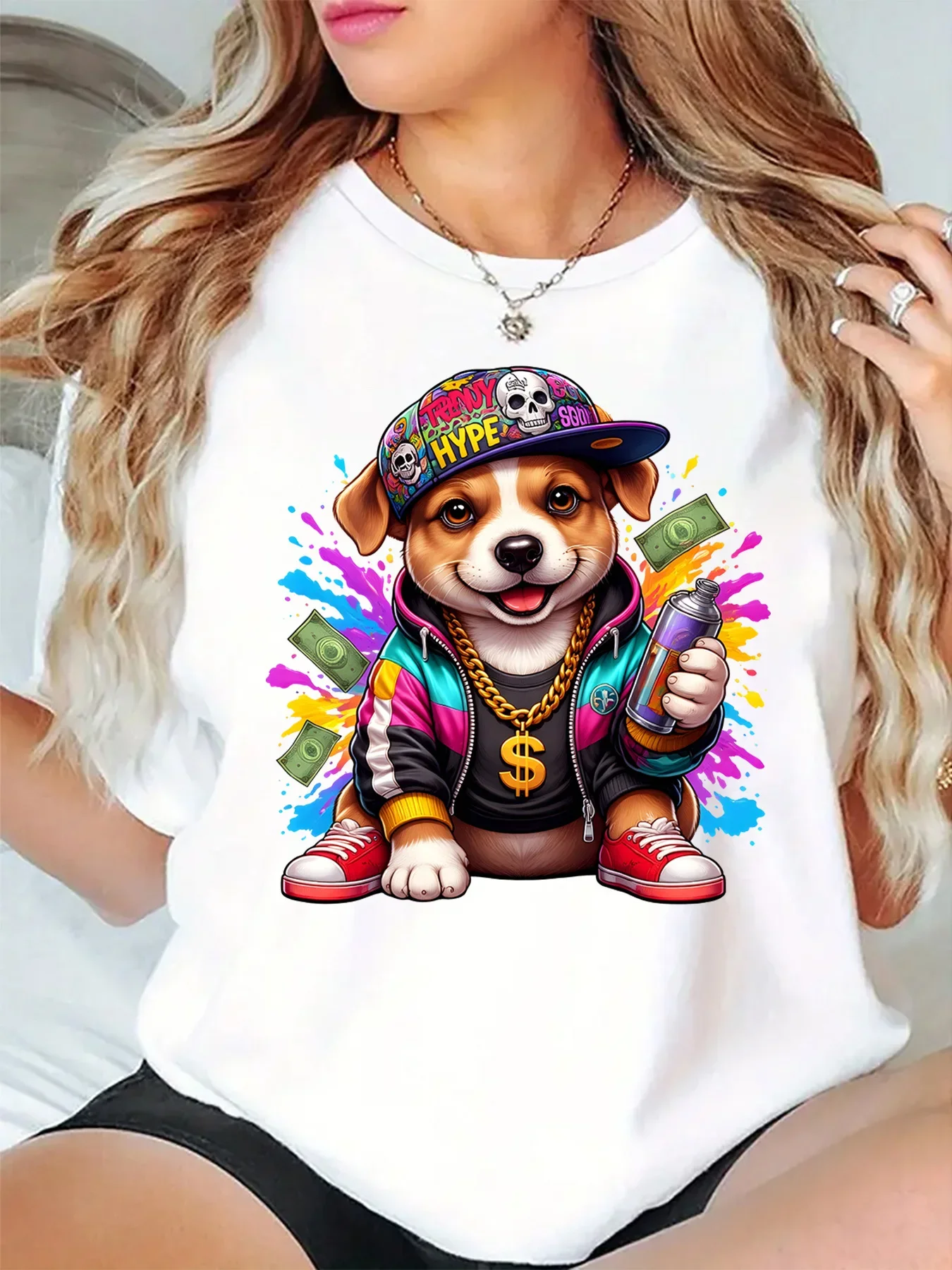 Cute Hip Hop Dog Cap Gold Chain Spray Paint Money Splash Graphic Womens T Shirt Short Sleeve Crew Neck Casual Ladies Tee Tops