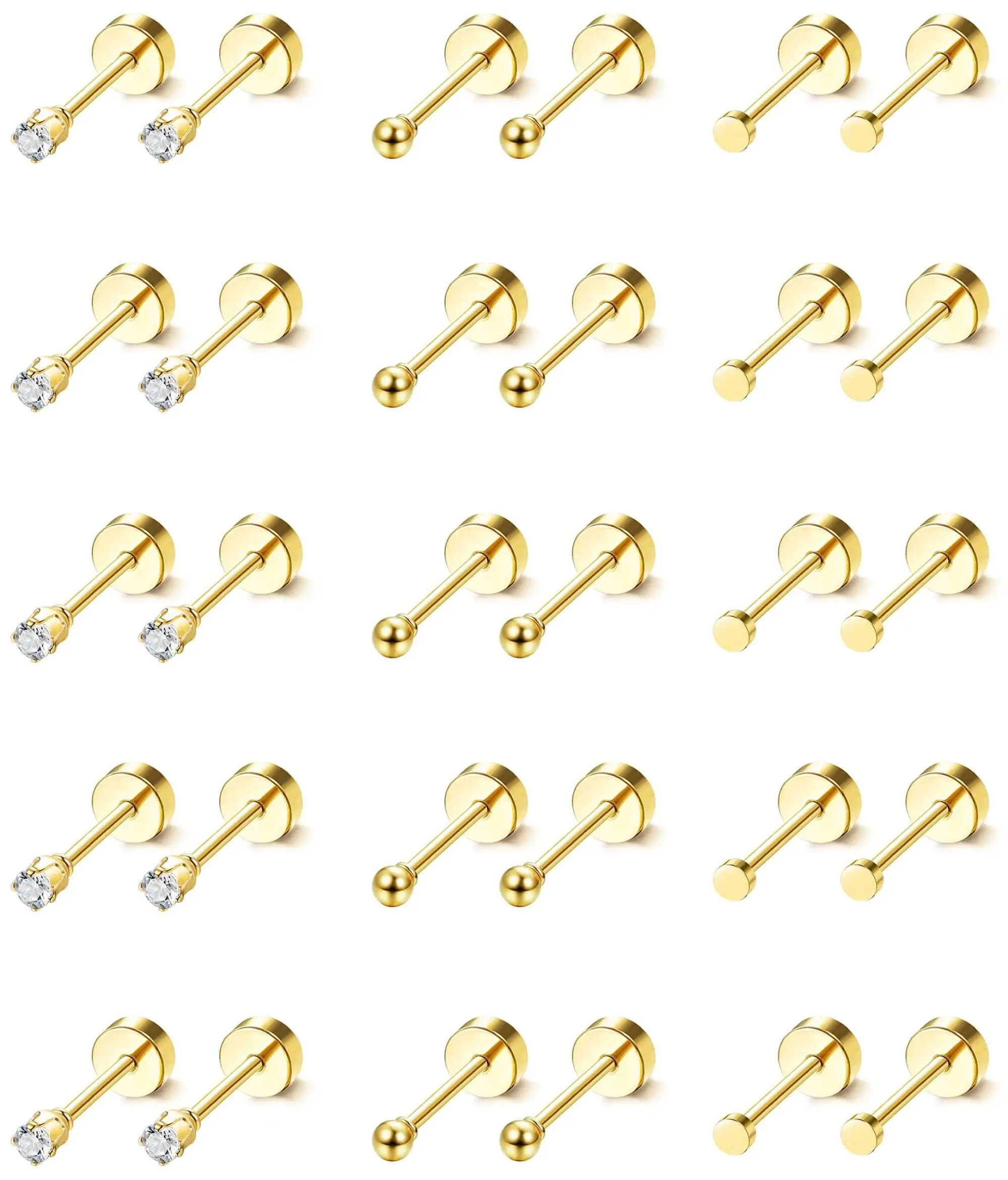 15 pares de pequeños pendientes de tuerca dorados de acero quirúrgico, cómodos pendientes con parte posterior plana y piedras de bola de puntos CZ, 2 mm, 20 G