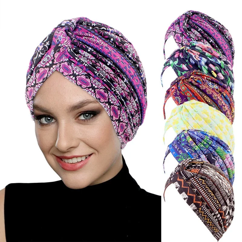 

New Women's Floral Print Turban Head Wrap Muslim Hijab Beanies Cancer Chemo Beanies Cap Headwear Cap Bonnet Hair Loss Hat