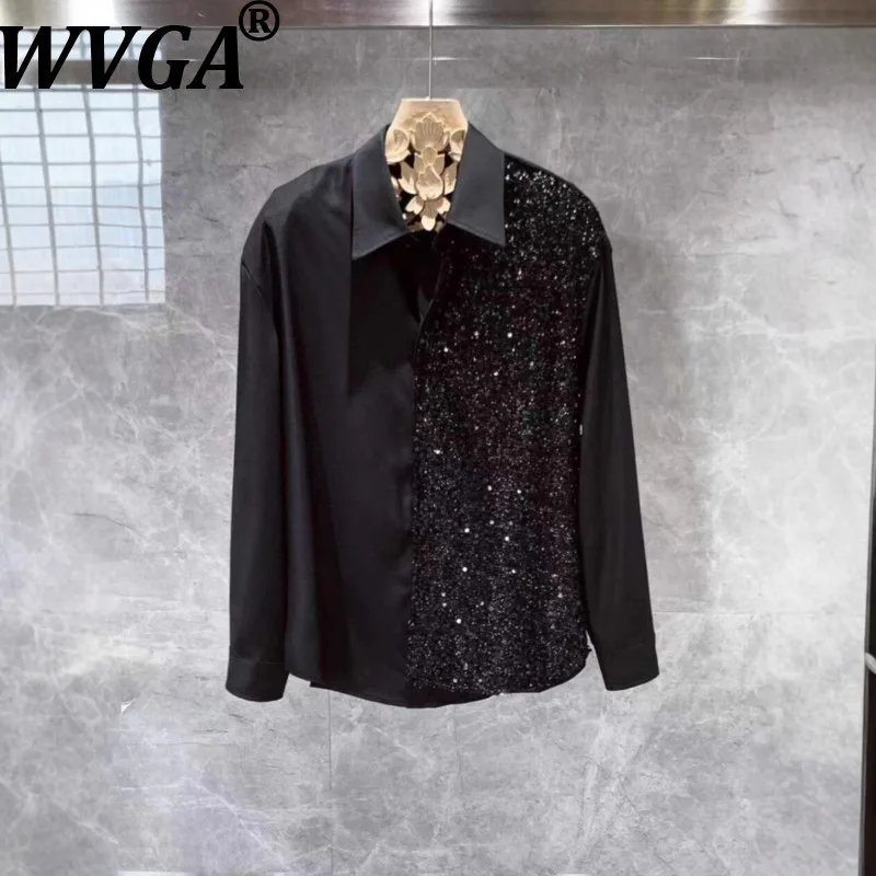 WVGA Spring Autumn New Men Niche Design Fashion Sequin Turn-Down Collar Shirt Chic Casual American Style Long Sleeve Tops W17286