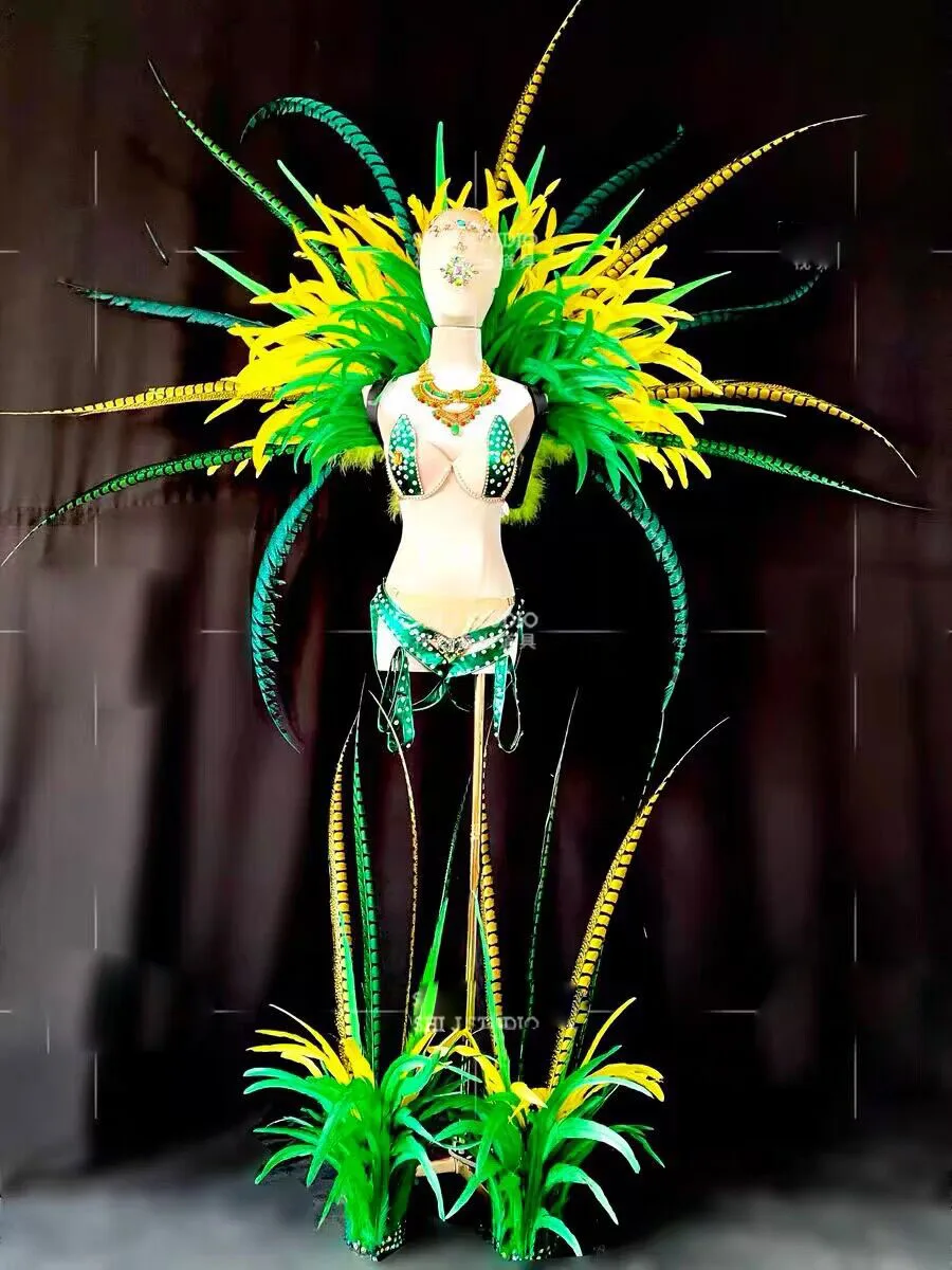 Sexy Samba dance stage costume music festival Carnival stage show openning dance costumes Green Feather Outfit