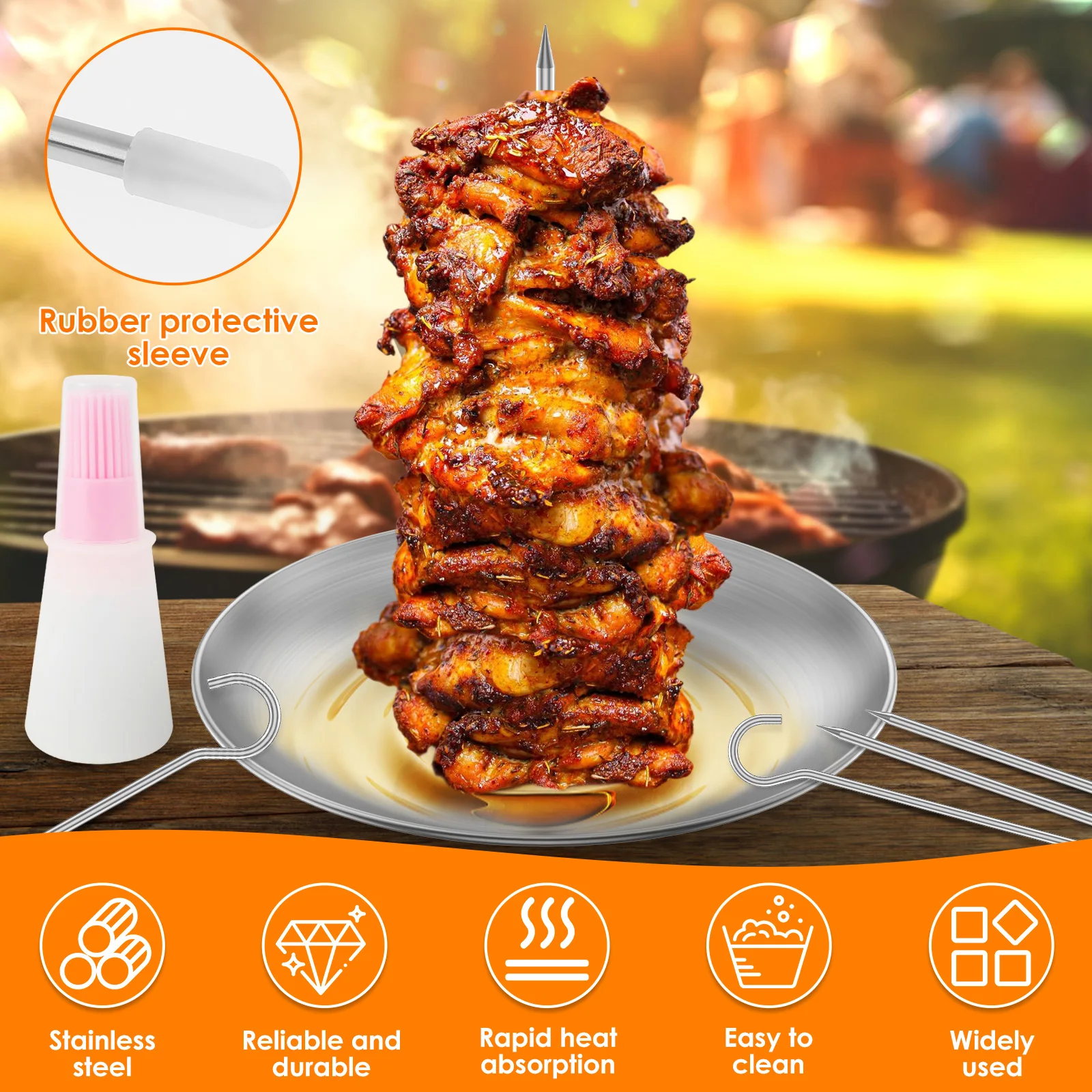 New Vertical Skewer for Grill Removable Pastor Skewer with 3 Spikes and 2 Grill Hooks Stainless Steel Vertical Spit Stand