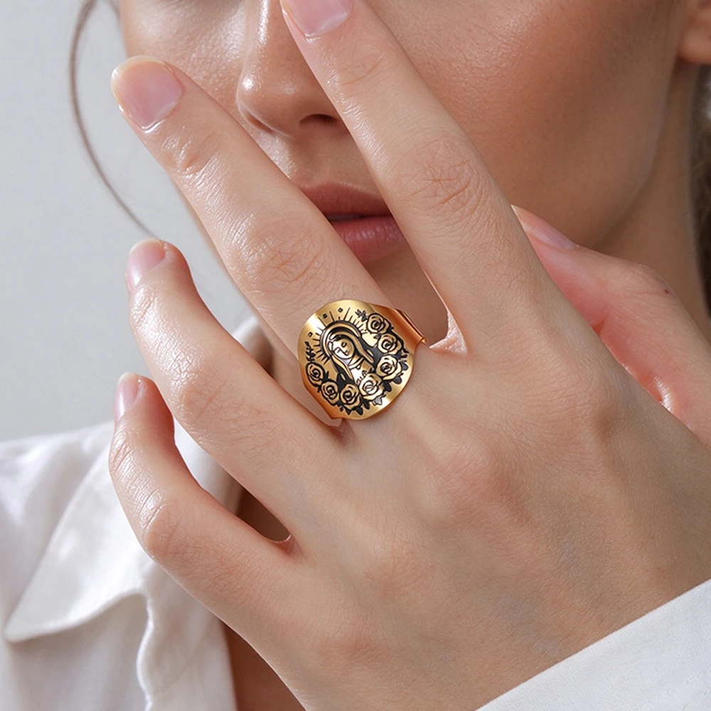 Virgin Mary Rose Ring 18K Gold Plated Stainless Steel Adjustable Open Ring Religious Our Lady Ring Faith Amulet Jewelry Women