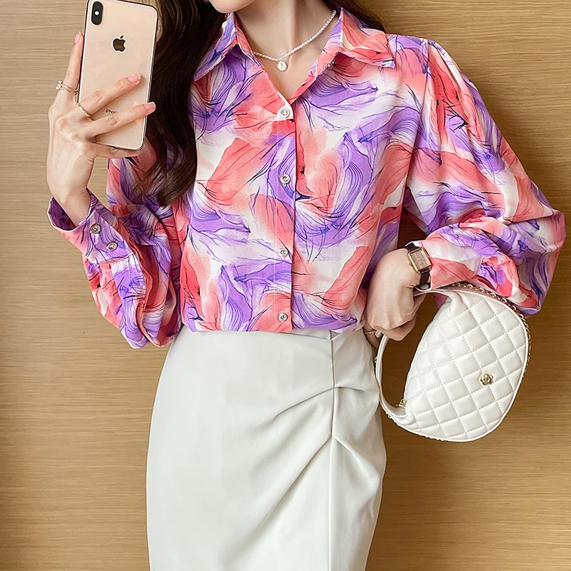 

Ladies Korean Fashion Casual Printing Shirts Blouse Women Tops Woman Button Up Shirt Female Girls Long Sleeve Blouse Py8939