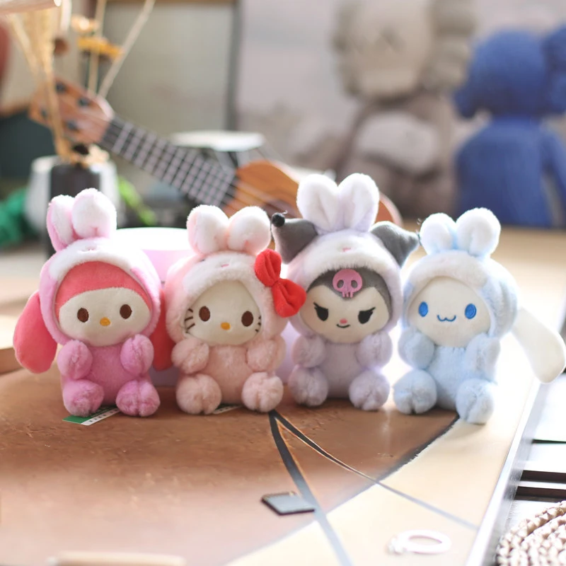 Sanrio Cinnamoroll Kuromi Melody Pachacco Pom Purin boneka kelinci lucu gantungan kunci boneka berbulu lucu liontin ransel mainan