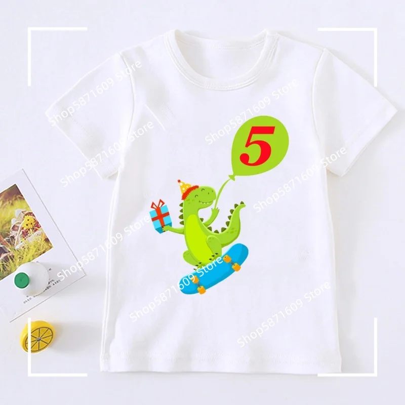 تي شيرت مطبوع للأطفال على شكل ديناصور سكوتر مقاس هدية بالون كاجوال للأولاد والبنات بأكمام قصيرة